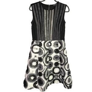 Samuel Dong Textured Cocktail Dress Size S Black Gray White Ribbon Circles Party